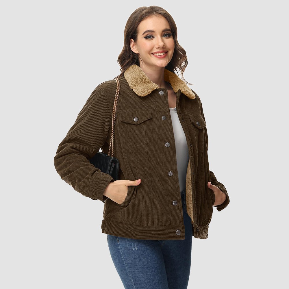 Coffee Women's Corduroy Jacket Sherpa Lined Warm Winter Coat - MAGCOMSEN
