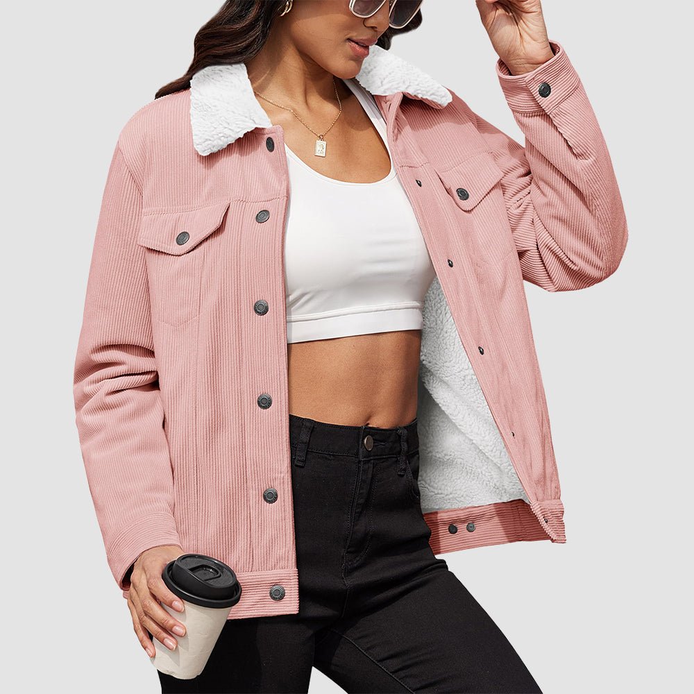 Light Pink Women's Corduroy Jacket Sherpa Lined Warm Winter Coat - MAGCOMSEN