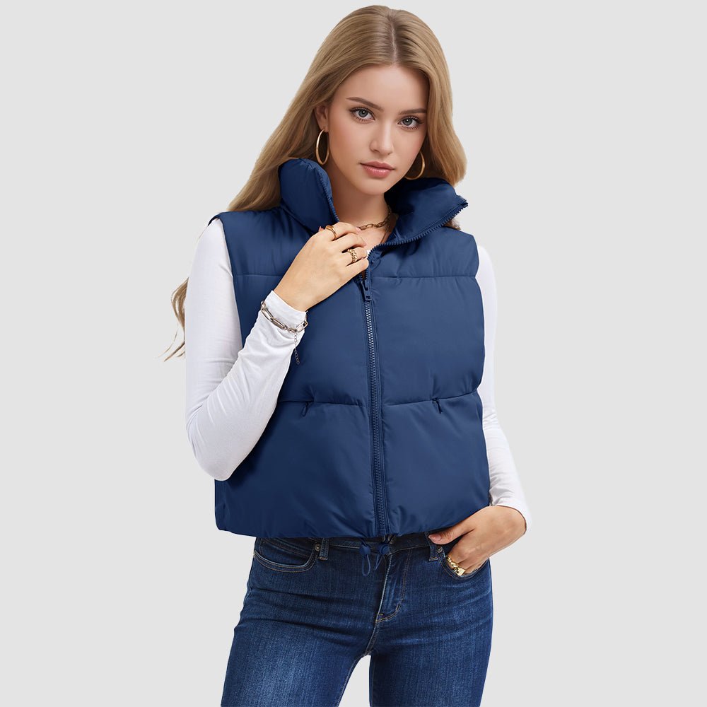 Dark Blue Women's Cropped Puffer Vest Lightweight Winter Outerwear - MAGCOMSEN