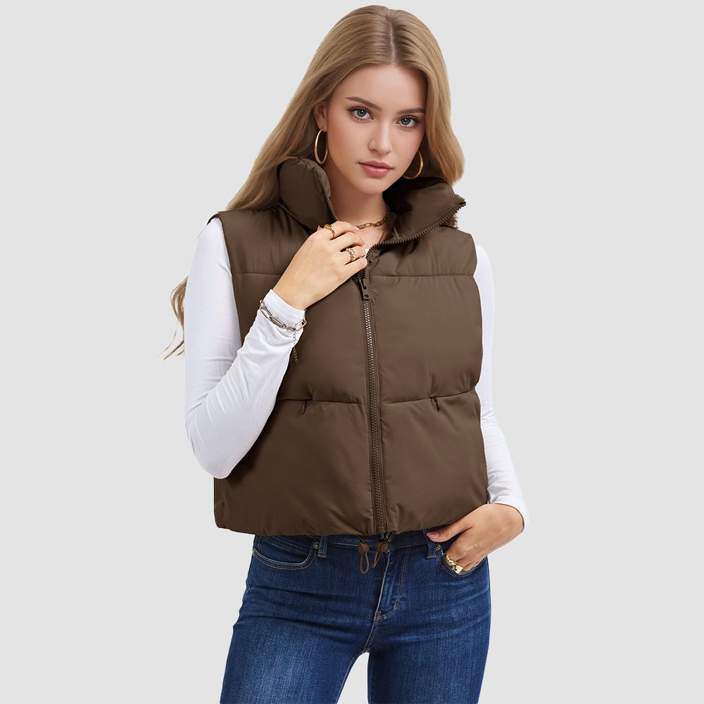 Dark Brown Women's Cropped Puffer Vest Lightweight Winter Outerwear - MAGCOMSEN