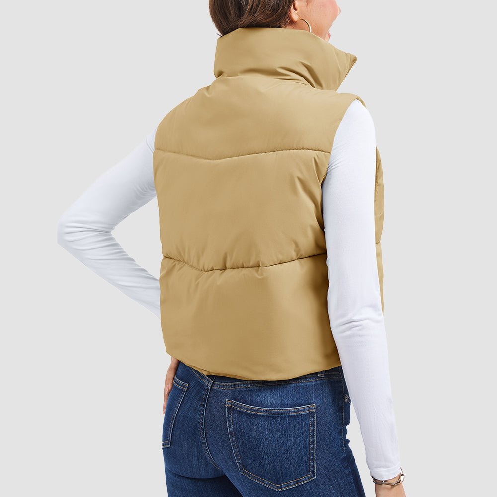 Dark Khaki Women's Cropped Puffer Vest Lightweight Winter Outerwear - MAGCOMSEN