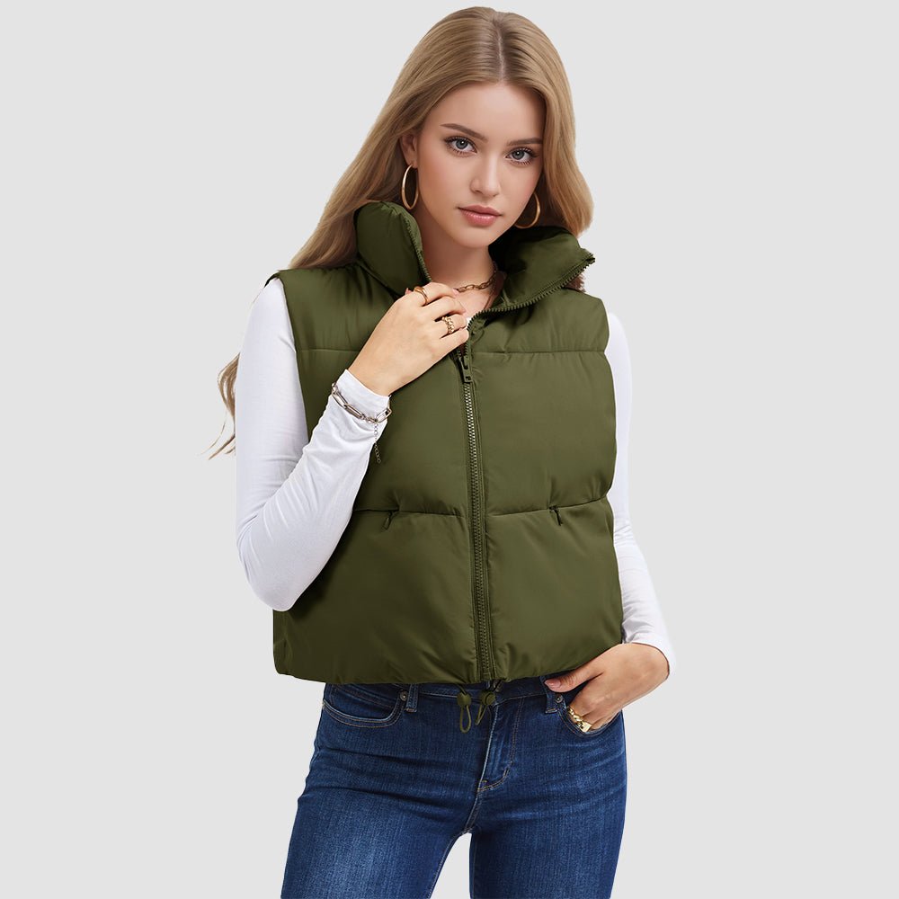 Olive Green Women's Cropped Puffer Vest Lightweight Winter Outerwear - MAGCOMSEN