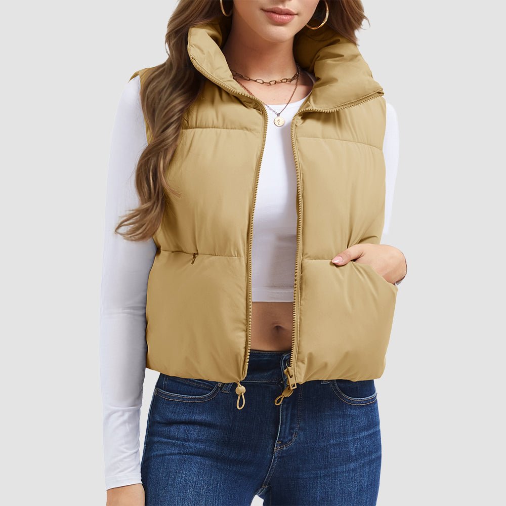 Dark Khaki Women's Cropped Puffer Vest Lightweight Winter Outerwear - MAGCOMSEN