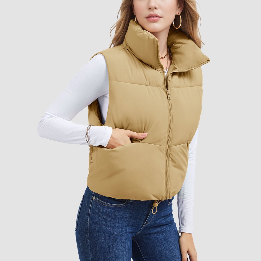 Dark Khaki Women's Cropped Puffer Vest Lightweight Winter Outerwear - MAGCOMSEN