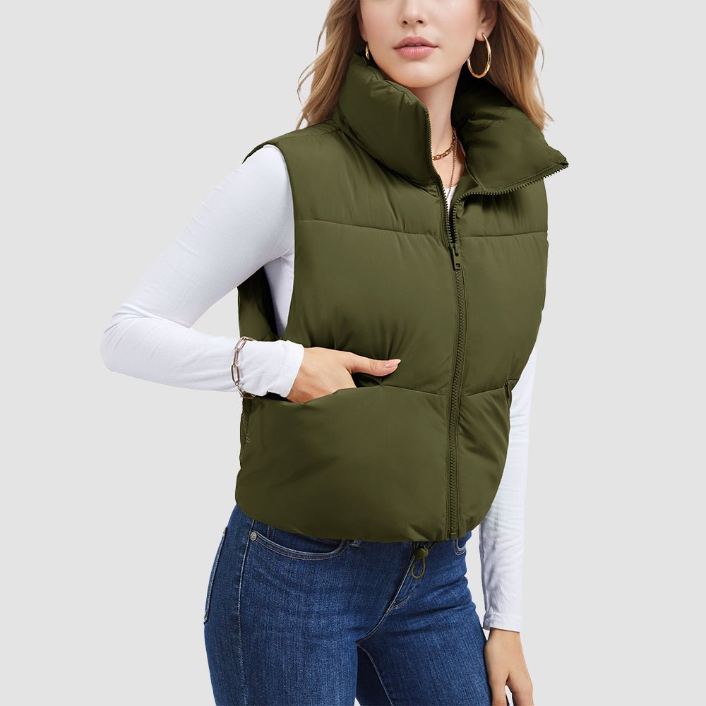 Olive Green Women's Cropped Puffer Vest Lightweight Winter Outerwear - MAGCOMSEN