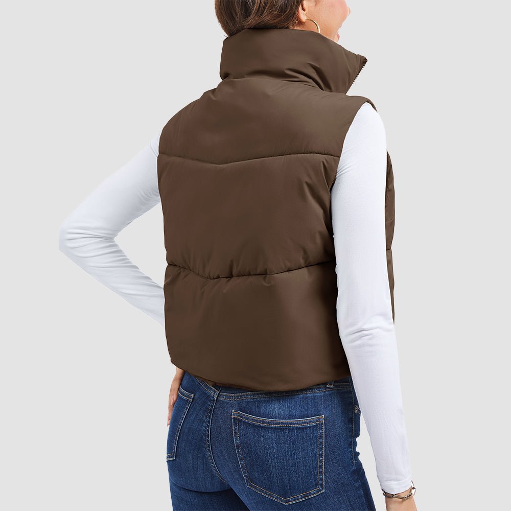 Dark Brown Women's Cropped Puffer Vest Lightweight Winter Outerwear - MAGCOMSEN