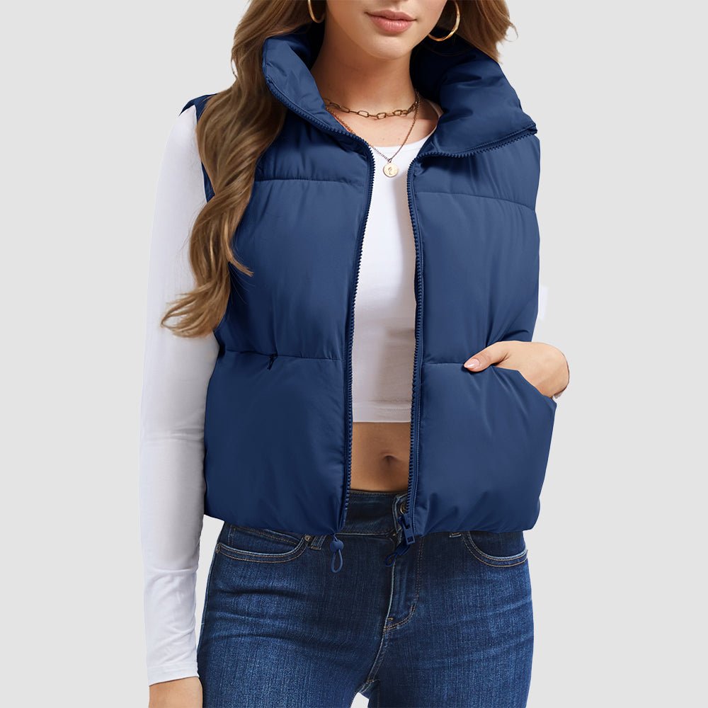 Dark Blue Women's Cropped Puffer Vest Lightweight Winter Outerwear - MAGCOMSEN