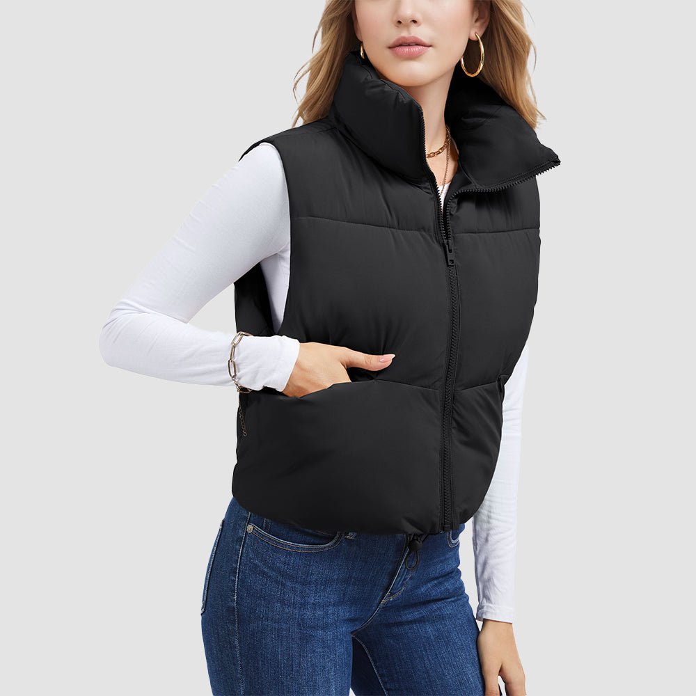 Black Women's Cropped Puffer Vest Lightweight Winter Outerwear - MAGCOMSEN