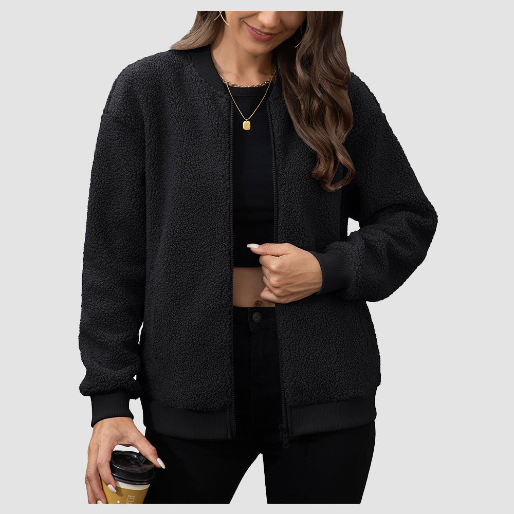 Black Women's Cropped Sherpa Bomber Jacket - Warm Zip Up Teddy Fleece Coat - MAGCOMSEN