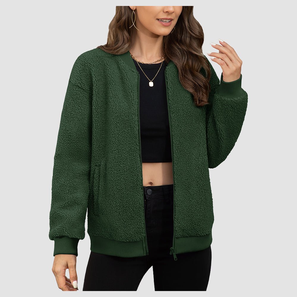 Army Green Women's Cropped Sherpa Bomber Jacket - Warm Zip Up Teddy Fleece Coat - MAGCOMSEN