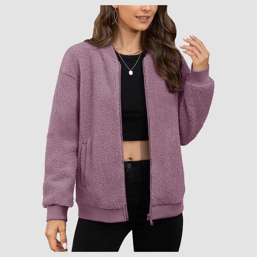 Grey Purple Women's Cropped Sherpa Bomber Jacket - Warm Zip Up Teddy Fleece Coat - MAGCOMSEN