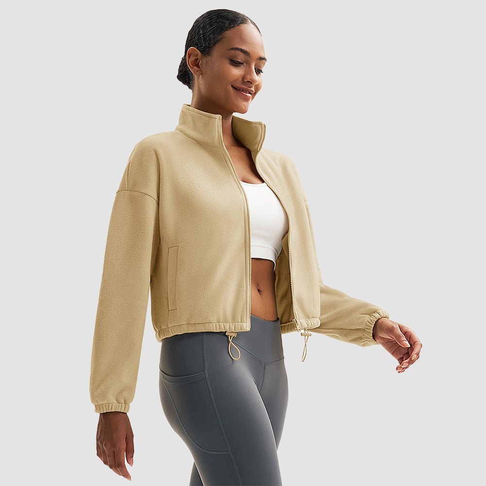 Light Khaki Women's Cropped Sherpa Fleece Jacket - Full Zip Stand Collar Winter Coat - MAGCOMSEN
