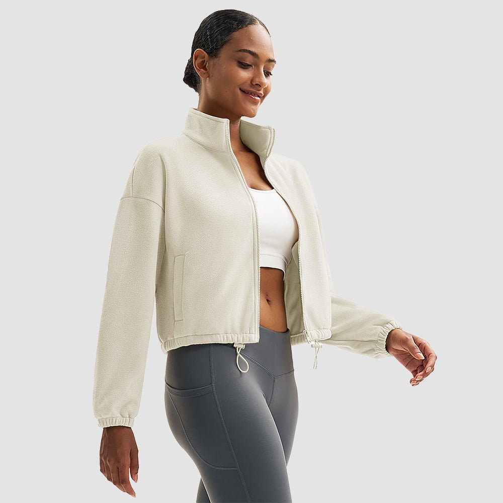 Beige Women's Cropped Sherpa Fleece Jacket - Full Zip Stand Collar Winter Coat - MAGCOMSEN