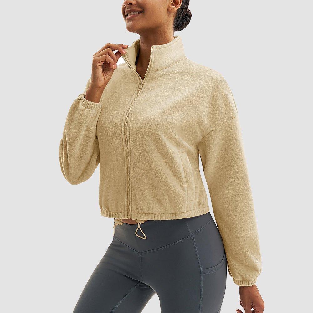 Light Khaki Women's Cropped Sherpa Fleece Jacket - Full Zip Stand Collar Winter Coat - MAGCOMSEN