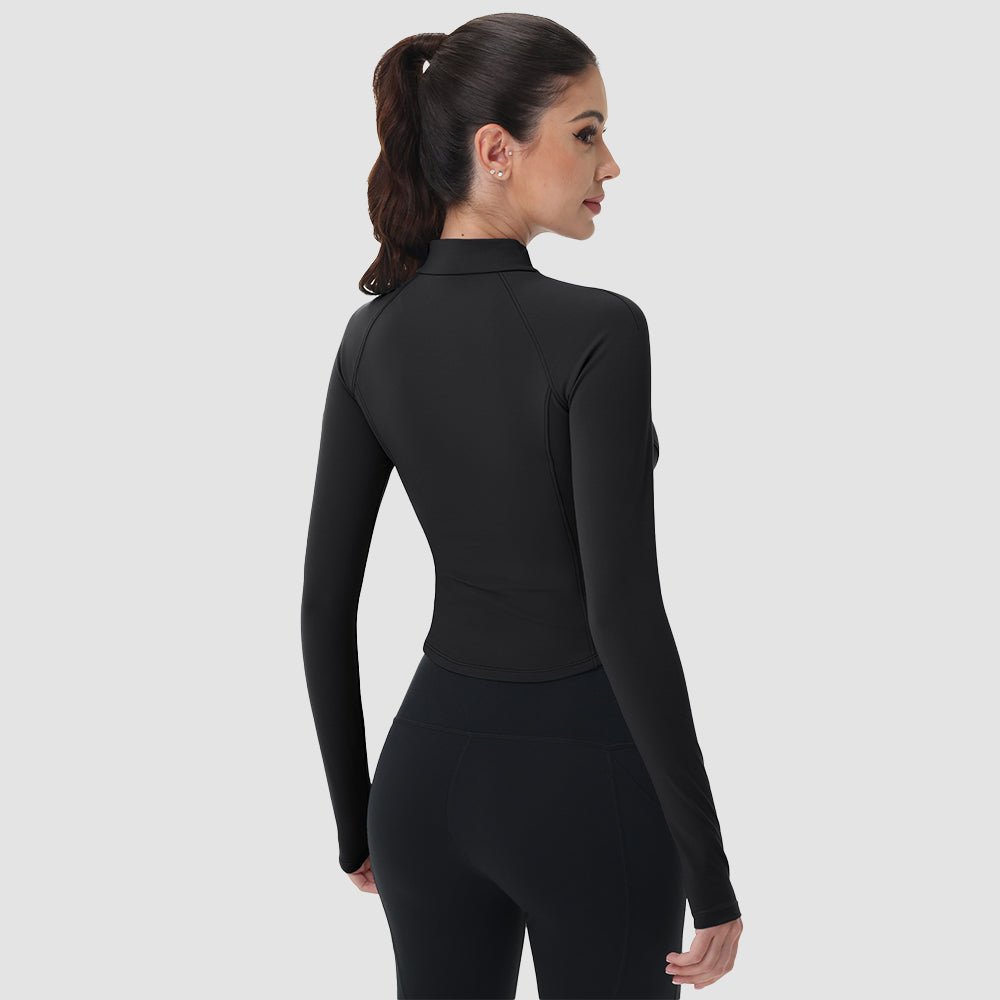 Black Women's Cropped Zip Up Workout Jacket - Slim Fit Lightweight Yoga Running Top - MAGCOMSEN