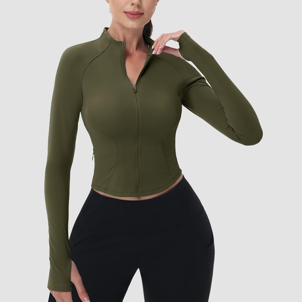 Army Green Women's Cropped Zip Up Workout Jacket - Slim Fit Lightweight Yoga Running Top - MAGCOMSEN