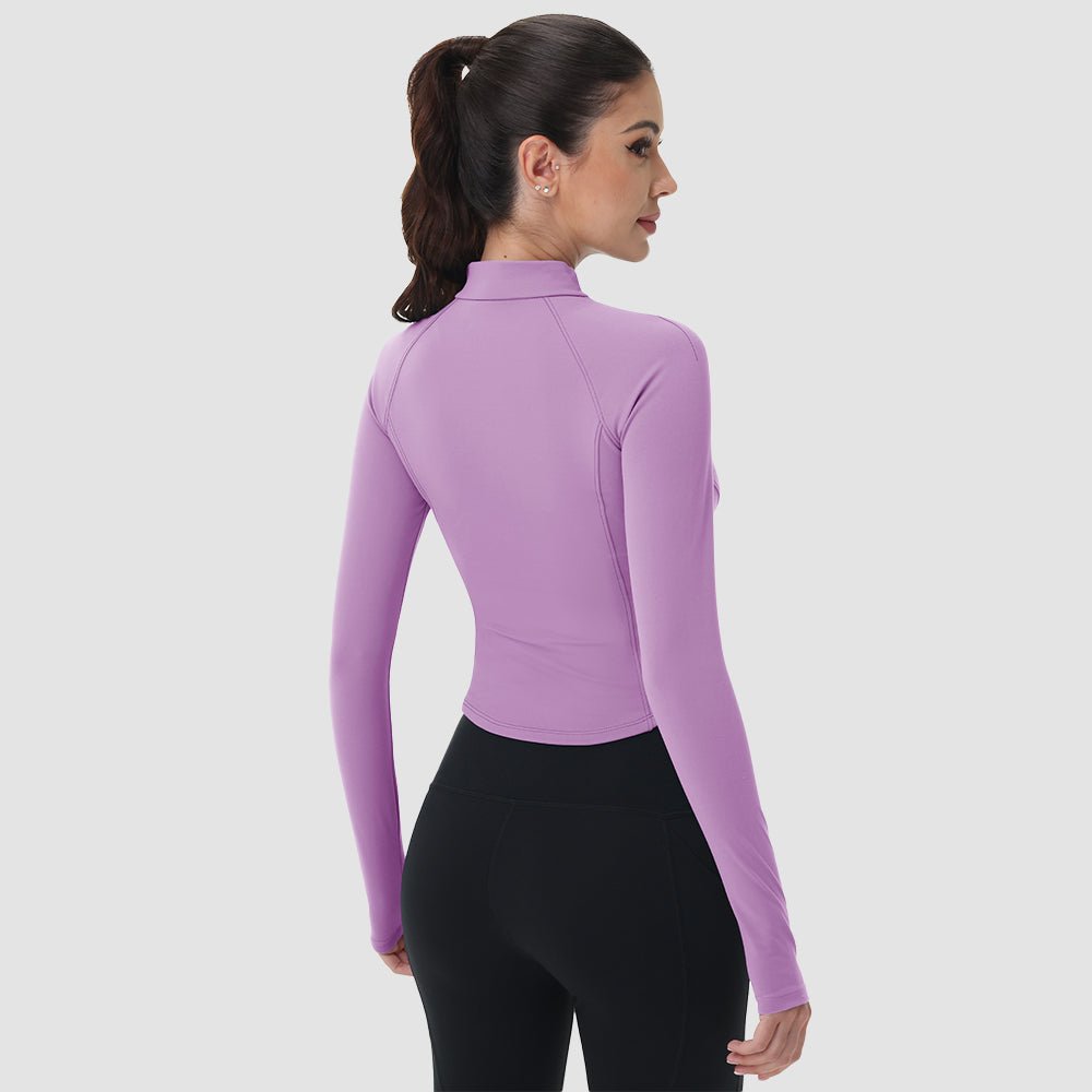 Medium Gray Women's Cropped Zip Up Workout Jacket - Slim Fit Lightweight Yoga Running Top - MAGCOMSEN