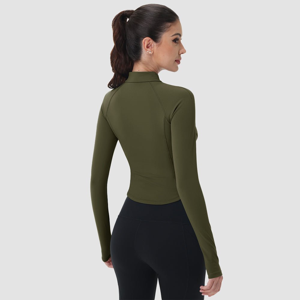 Medium Gray Women's Cropped Zip Up Workout Jacket - Slim Fit Lightweight Yoga Running Top - MAGCOMSEN