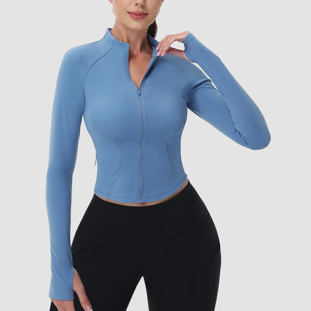 Haze Blue Women's Cropped Zip Up Workout Jacket - Slim Fit Lightweight Yoga Running Top - MAGCOMSEN