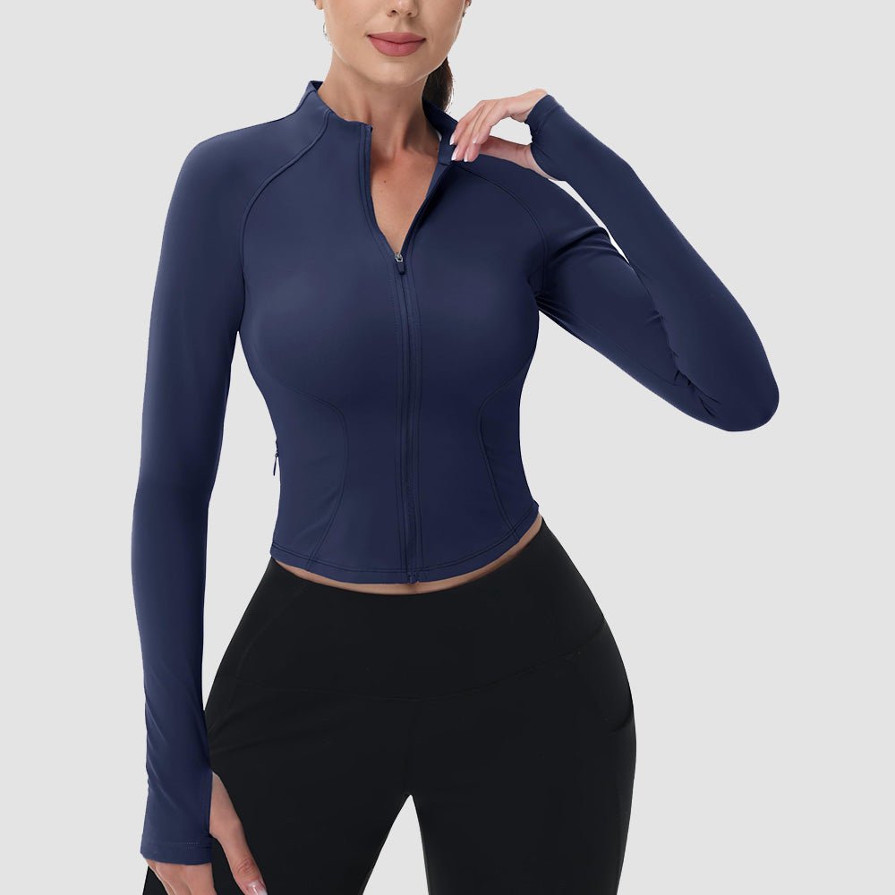Navy Women's Cropped Zip Up Workout Jacket - Slim Fit Lightweight Yoga Running Top - MAGCOMSEN