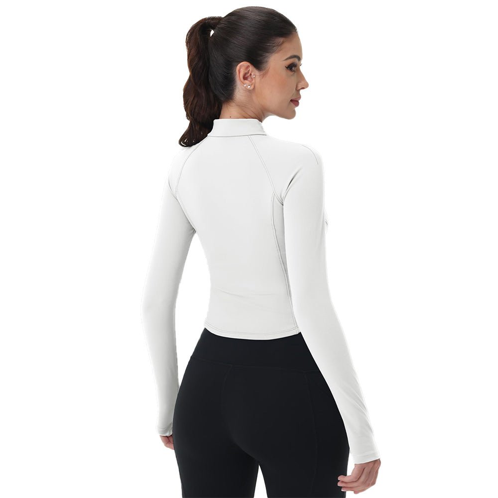 White Women's Cropped Zip Up Workout Jacket - Slim Fit Lightweight Yoga Running Top - MAGCOMSEN