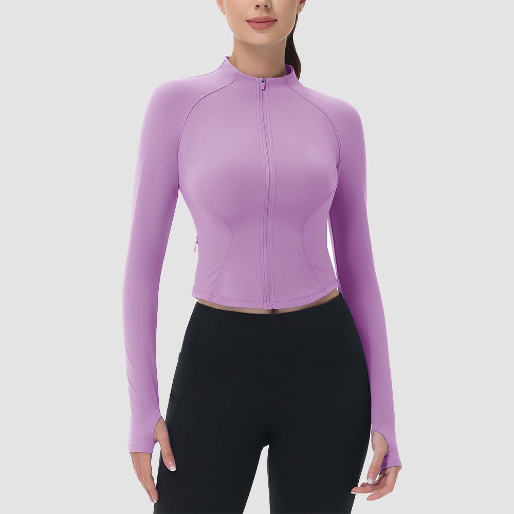 Medium Gray Women's Cropped Zip Up Workout Jacket - Slim Fit Lightweight Yoga Running Top - MAGCOMSEN