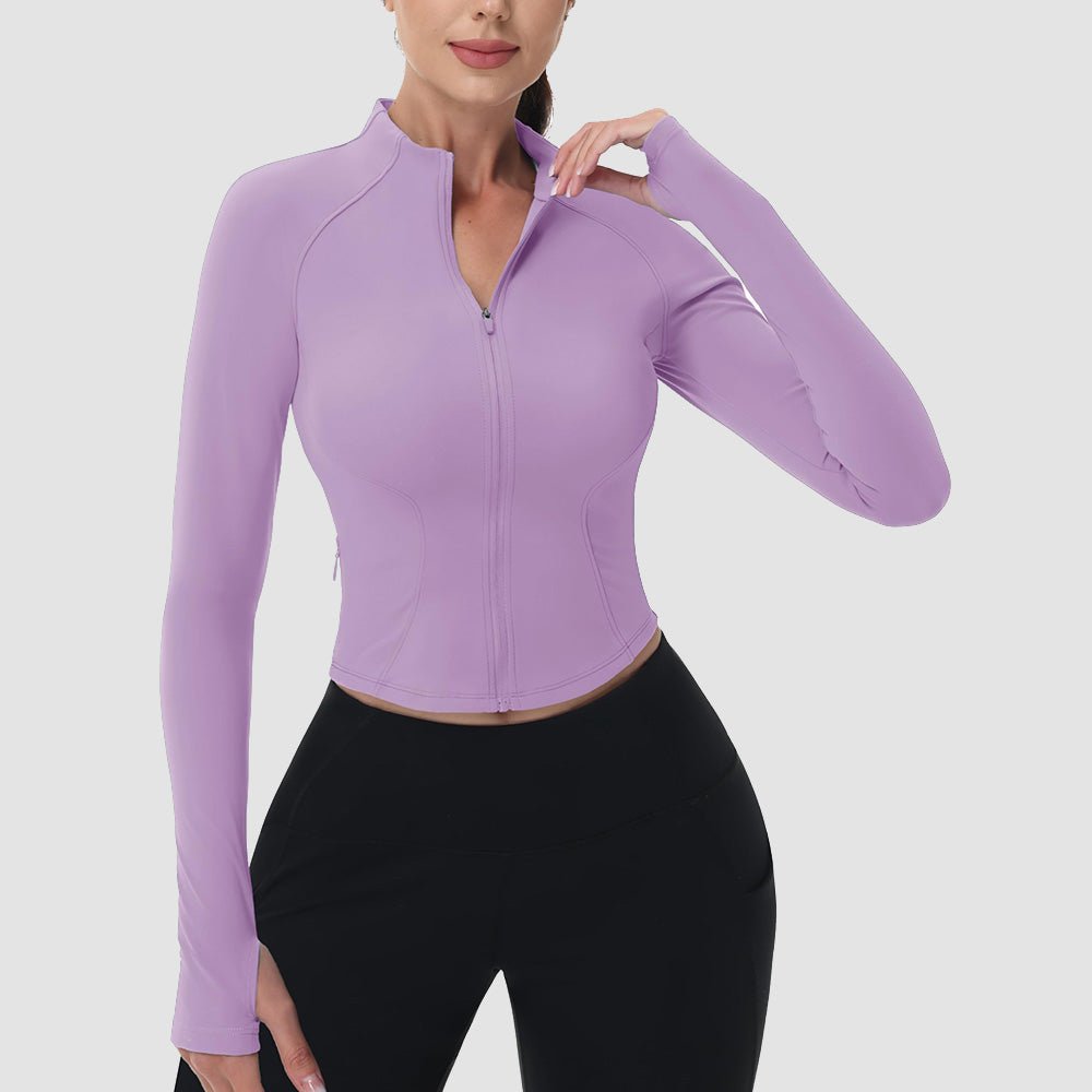 Light Purple Women's Cropped Zip Up Workout Jacket - Slim Fit Lightweight Yoga Running Top - MAGCOMSEN