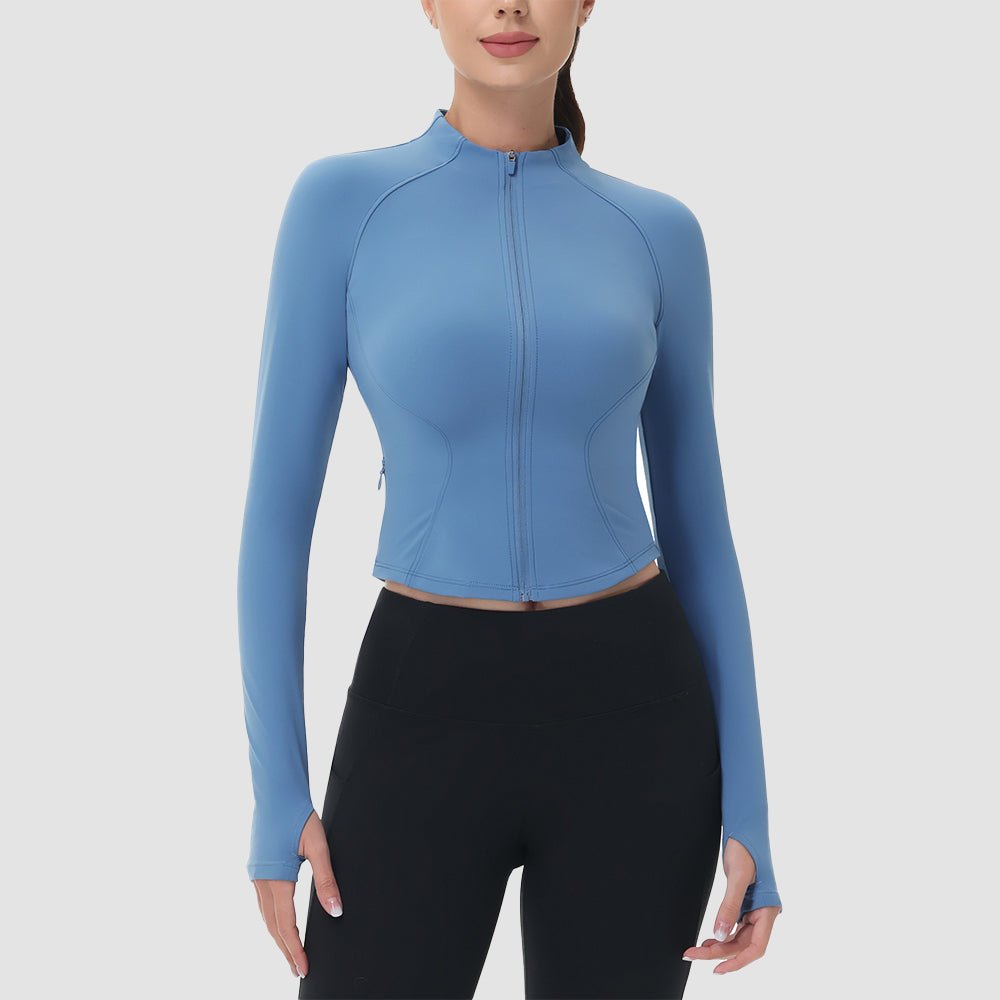 Medium Gray Women's Cropped Zip Up Workout Jacket - Slim Fit Lightweight Yoga Running Top - MAGCOMSEN