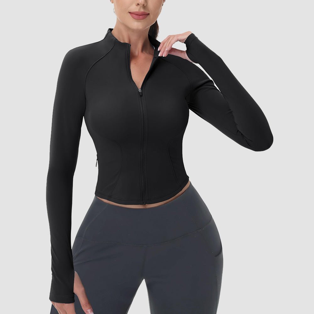Black Women's Cropped Zip Up Workout Jacket - Slim Fit Lightweight Yoga Running Top - MAGCOMSEN