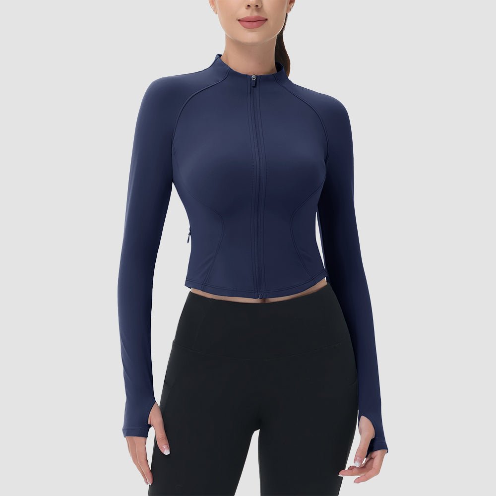 Navy Women's Cropped Zip Up Workout Jacket - Slim Fit Lightweight Yoga Running Top - MAGCOMSEN