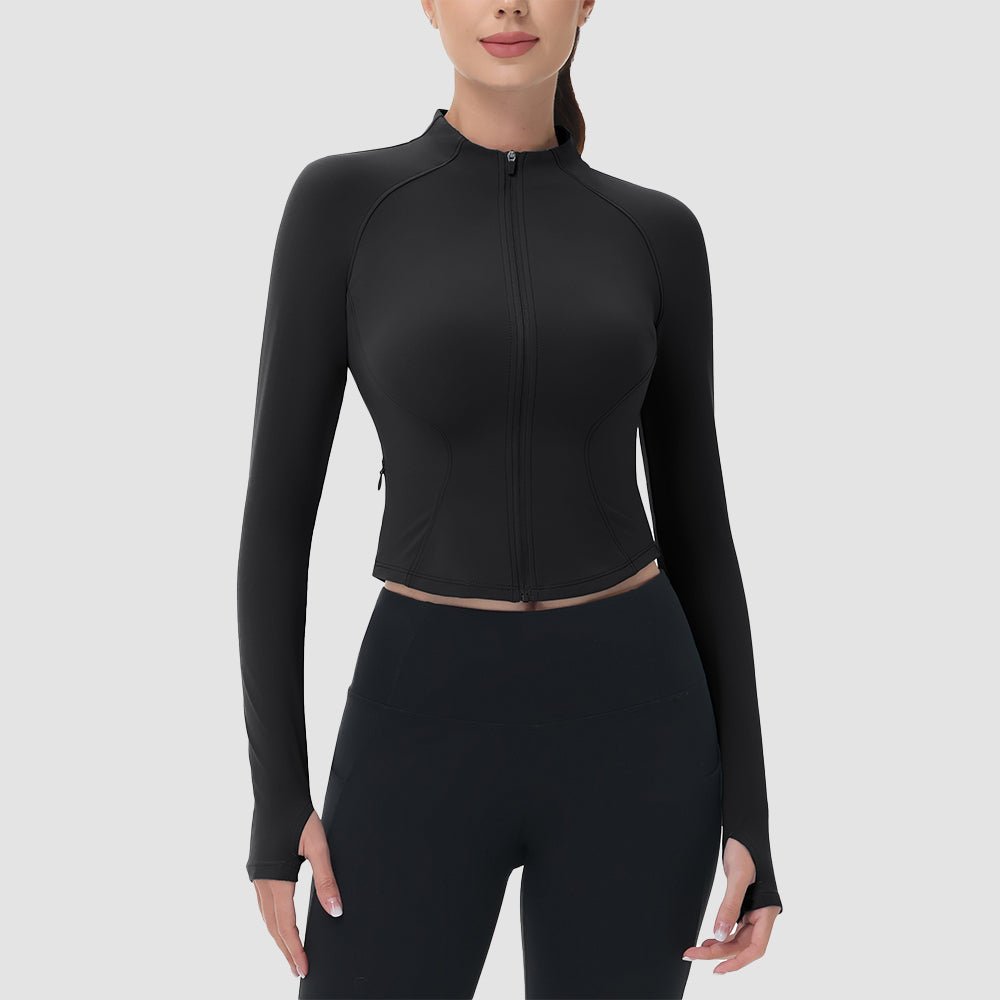 Black Women's Cropped Zip Up Workout Jacket - Slim Fit Lightweight Yoga Running Top - MAGCOMSEN