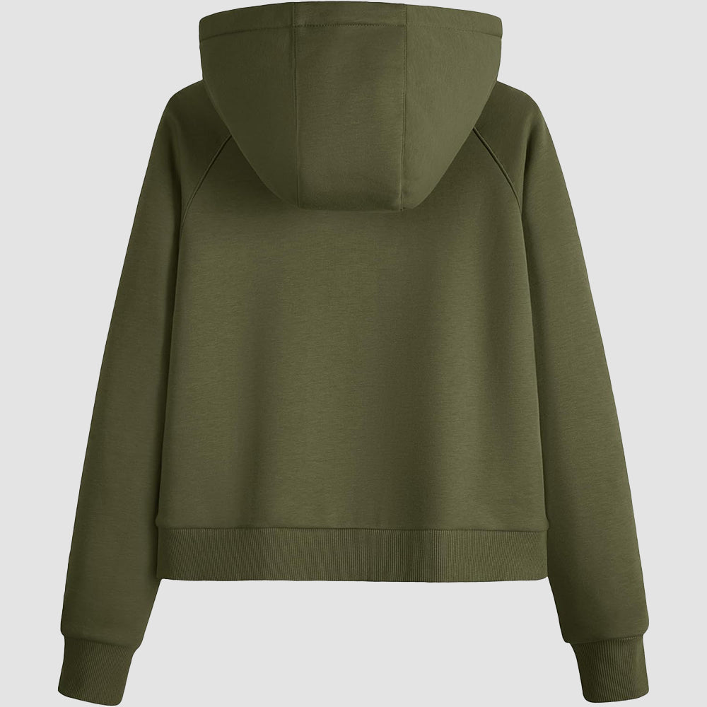 Army Green Women's Fleece Hoodie - Half Zip & Kangaroo Pocket - MAGCOMSEN