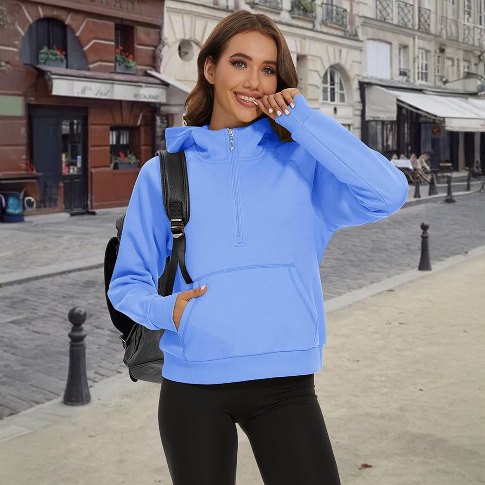 Light Blue Women's Fleece Hoodie - Half Zip & Kangaroo Pocket - MAGCOMSEN