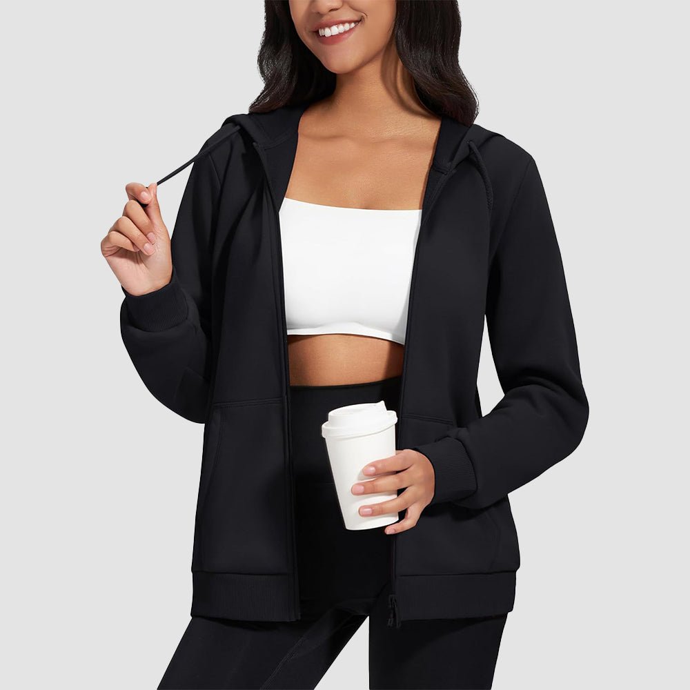 Black Women's Fleece Jacket - Full Zip, Hood & Pockets - MAGCOMSEN