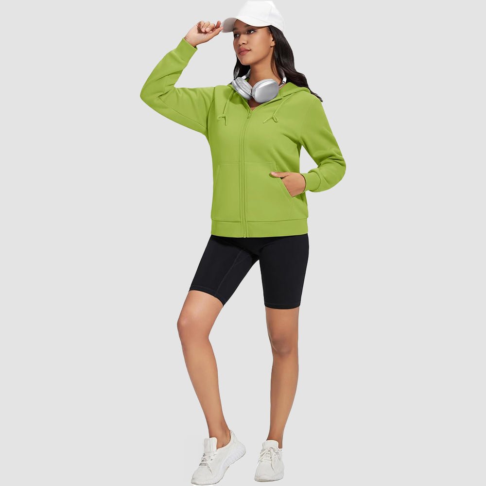 Olive Women's Fleece Jacket - Full Zip, Hood & Pockets - MAGCOMSEN