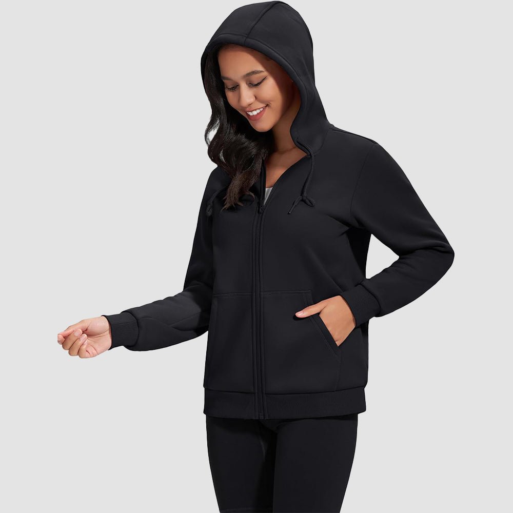 Black Women's Fleece Jacket - Full Zip, Hood & Pockets - MAGCOMSEN