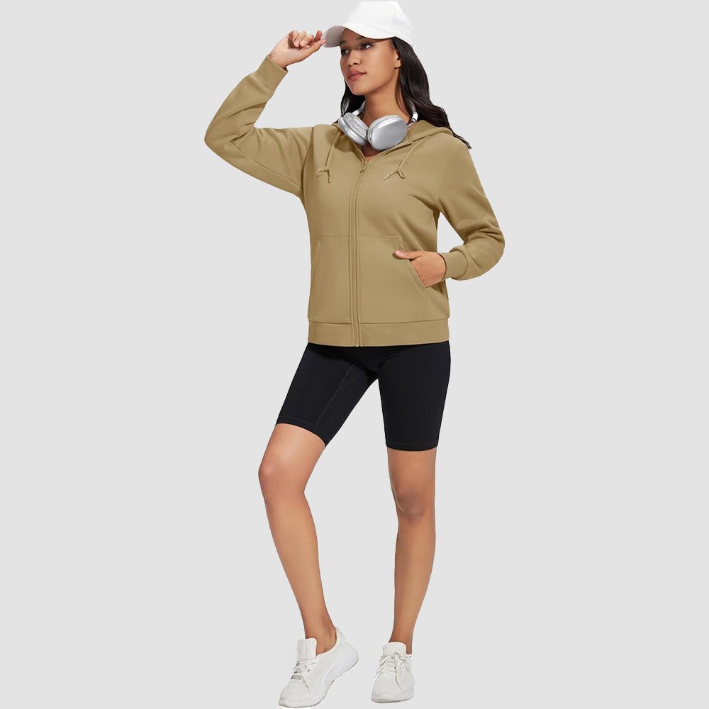 Khaki Women's Fleece Jacket - Full Zip, Hood & Pockets - MAGCOMSEN