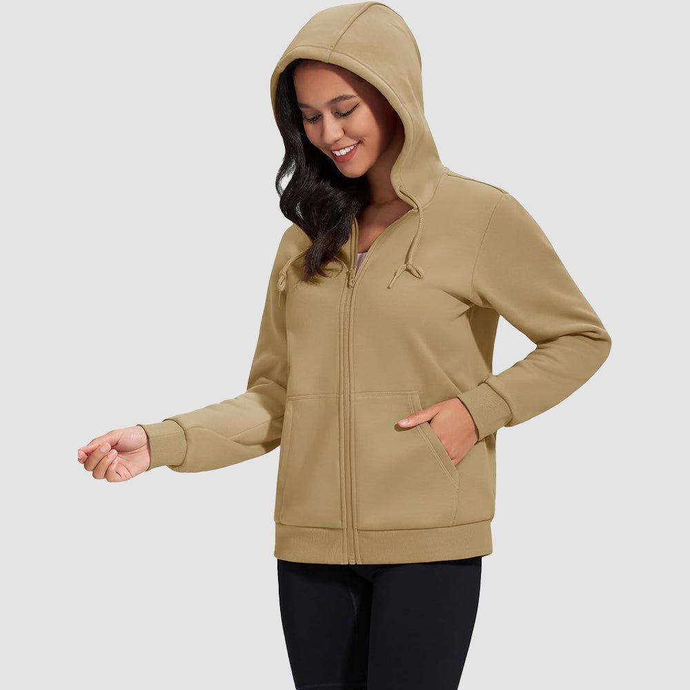 Khaki Women's Fleece Jacket - Full Zip, Hood & Pockets - MAGCOMSEN
