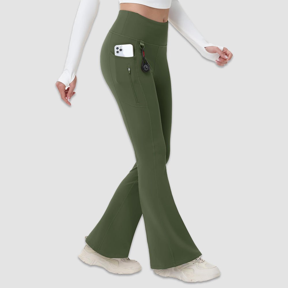 Army Green Women's Fleece Lined Flare Leggings - Waterproof Winter Hiking Pants with Pockets - MAGCOMSEN