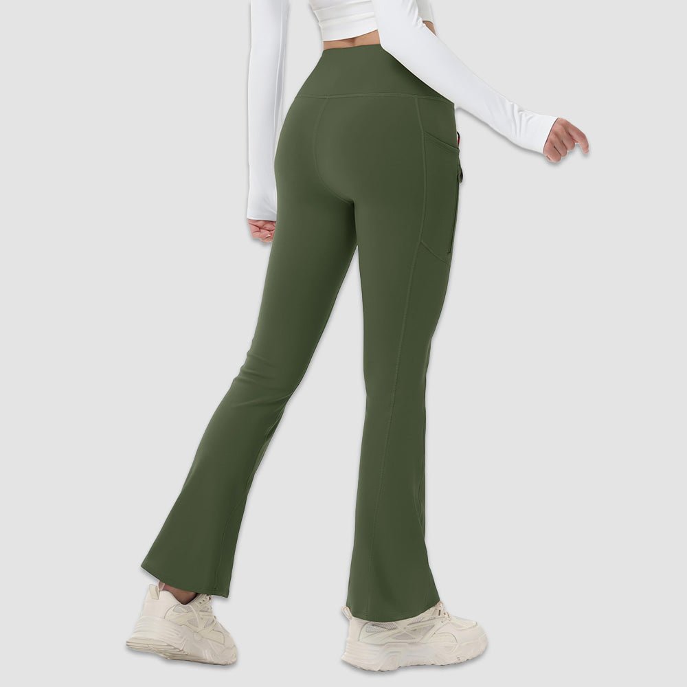 Army Green Women's Fleece Lined Flare Leggings - Waterproof Winter Hiking Pants with Pockets - MAGCOMSEN