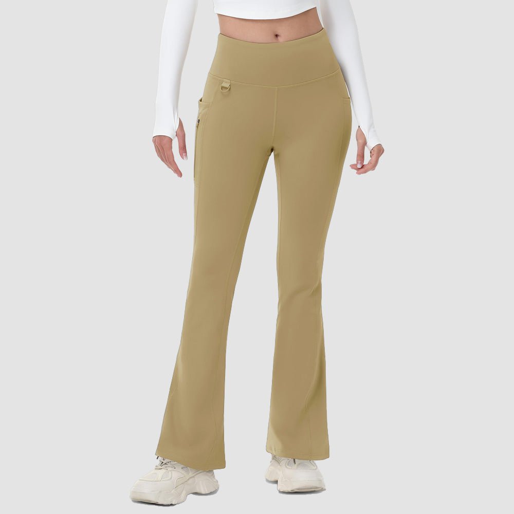 Khaki Women's Fleece Lined Flare Leggings - Waterproof Winter Hiking Pants with Pockets - MAGCOMSEN