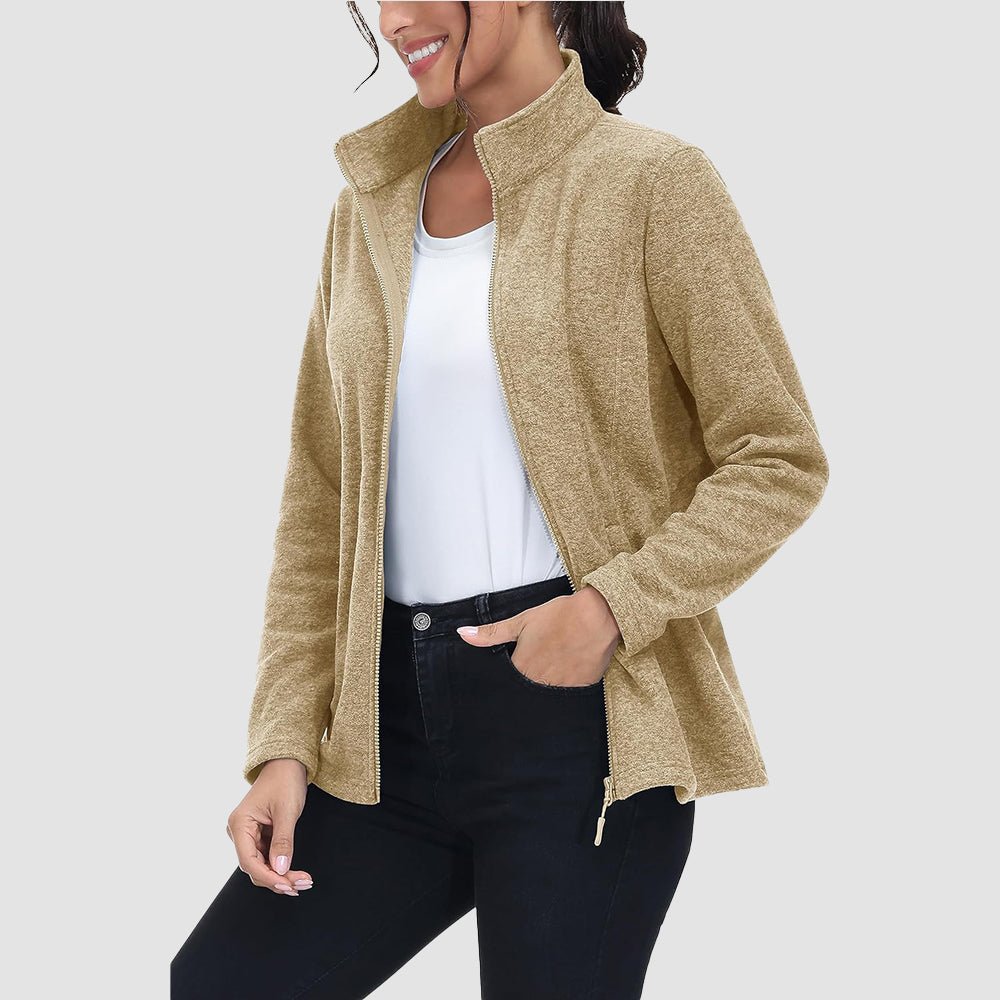Khaki Women's Full Zip Fleece Jacket - Zip Pockets, Warm - MAGCOMSEN