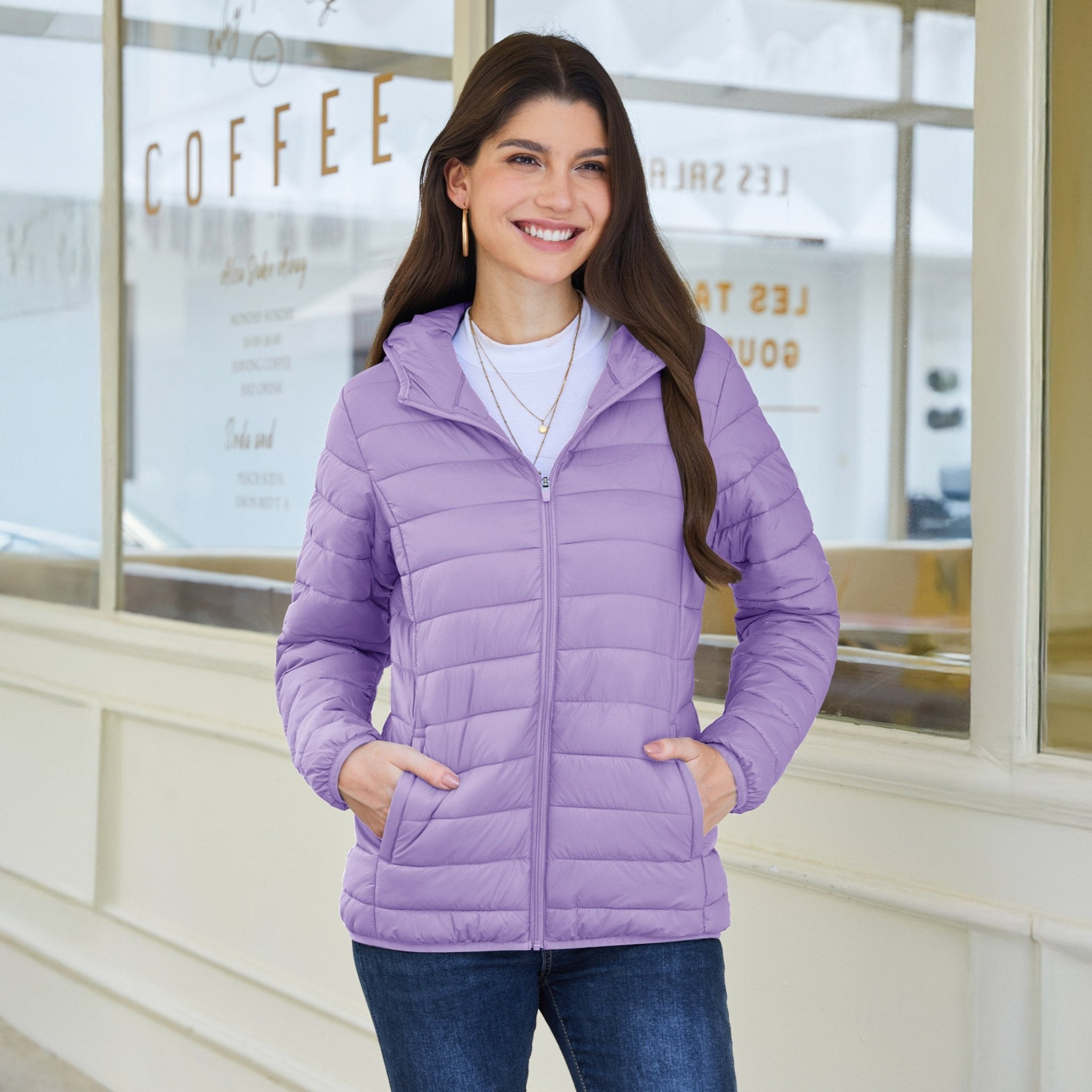 Light Purple Women's Hooded Lightweight Puffer Jacket Full Zip Winter Coat - MAGCOMSEN