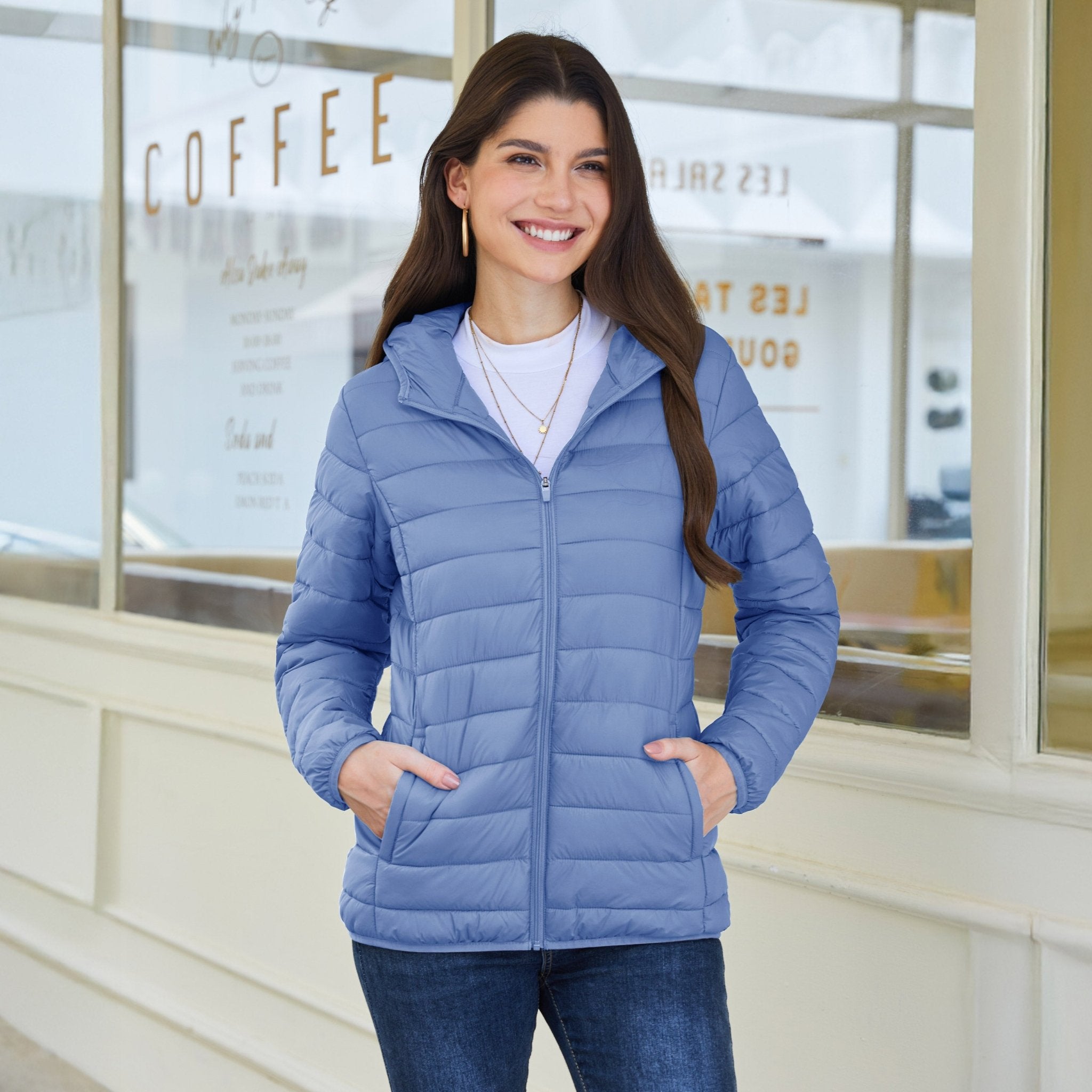 Light Blue Women's Hooded Lightweight Puffer Jacket Full Zip Winter Coat - MAGCOMSEN
