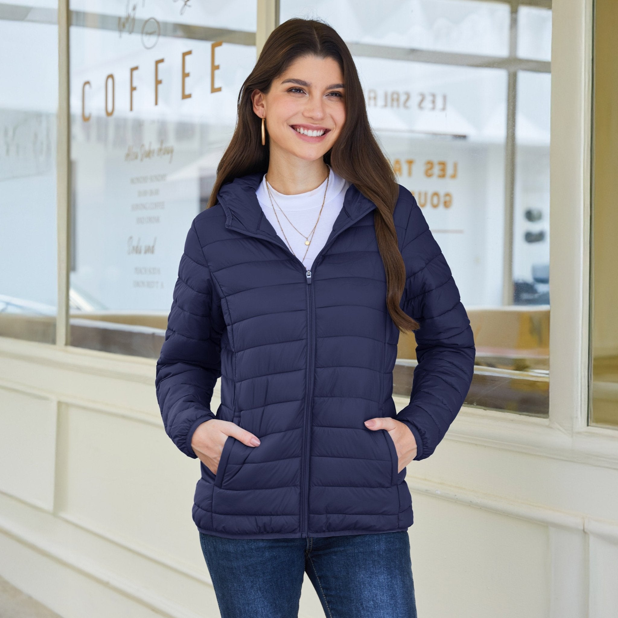 Navy Women's Hooded Lightweight Puffer Jacket Full Zip Winter Coat - MAGCOMSEN