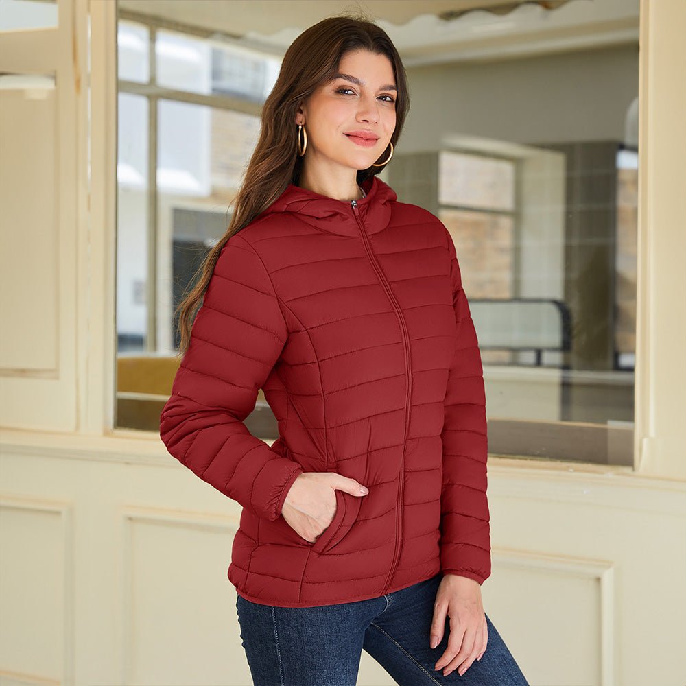 Dark Orange Women's Hooded Lightweight Puffer Jacket Full Zip Winter Coat - MAGCOMSEN