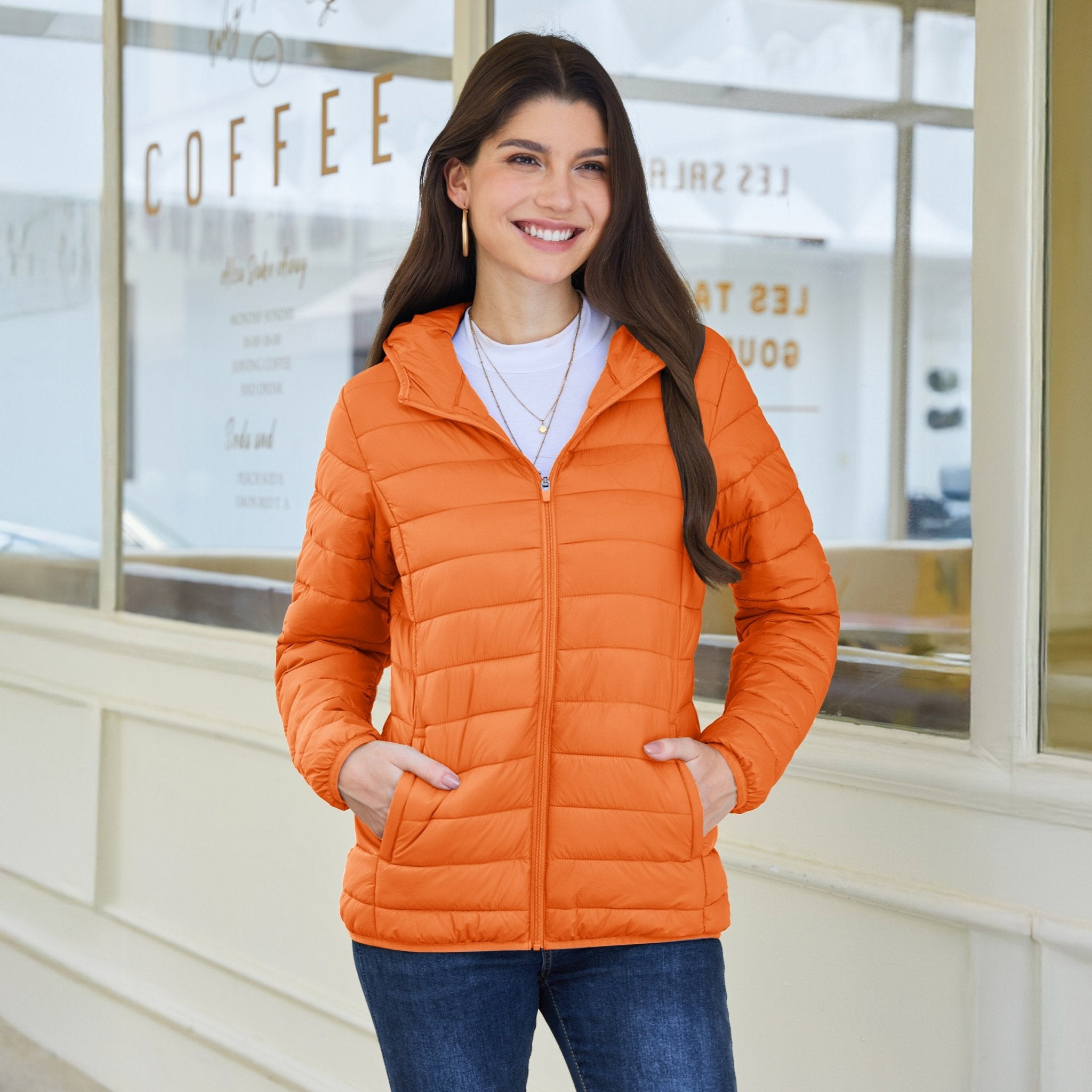 Orange Women's Hooded Lightweight Puffer Jacket Full Zip Winter Coat - MAGCOMSEN