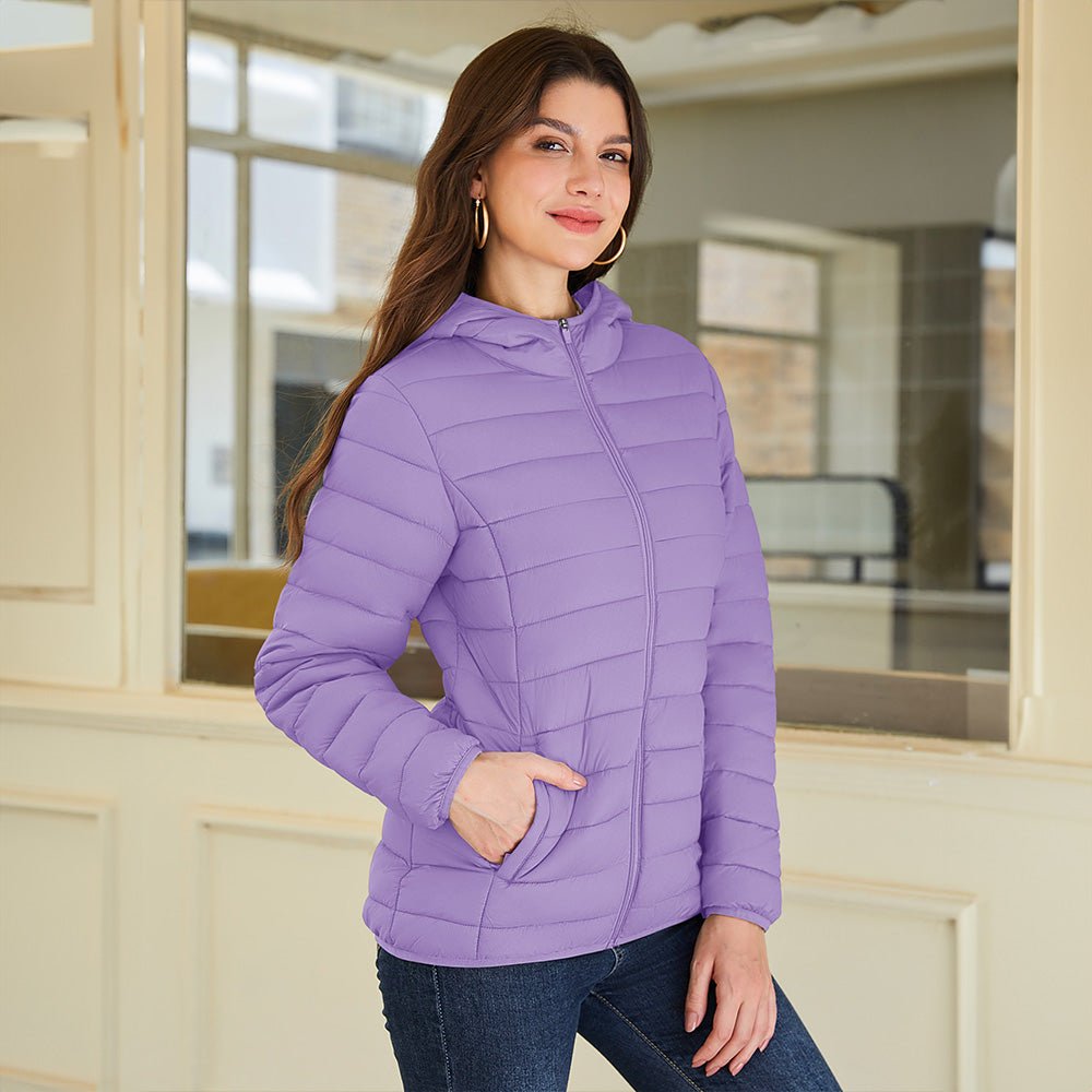 Light Purple Women's Hooded Lightweight Puffer Jacket Full Zip Winter Coat - MAGCOMSEN