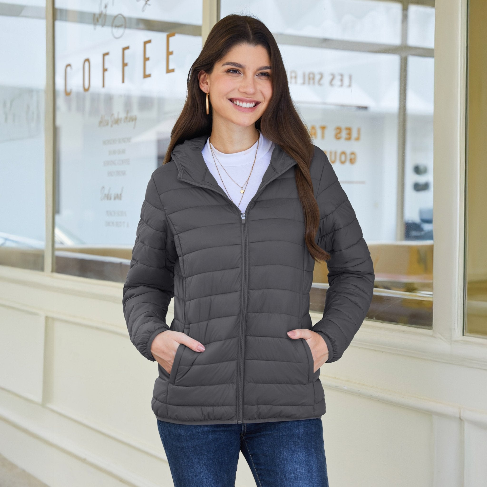 Dark Grey Women's Hooded Lightweight Puffer Jacket Full Zip Winter Coat - MAGCOMSEN