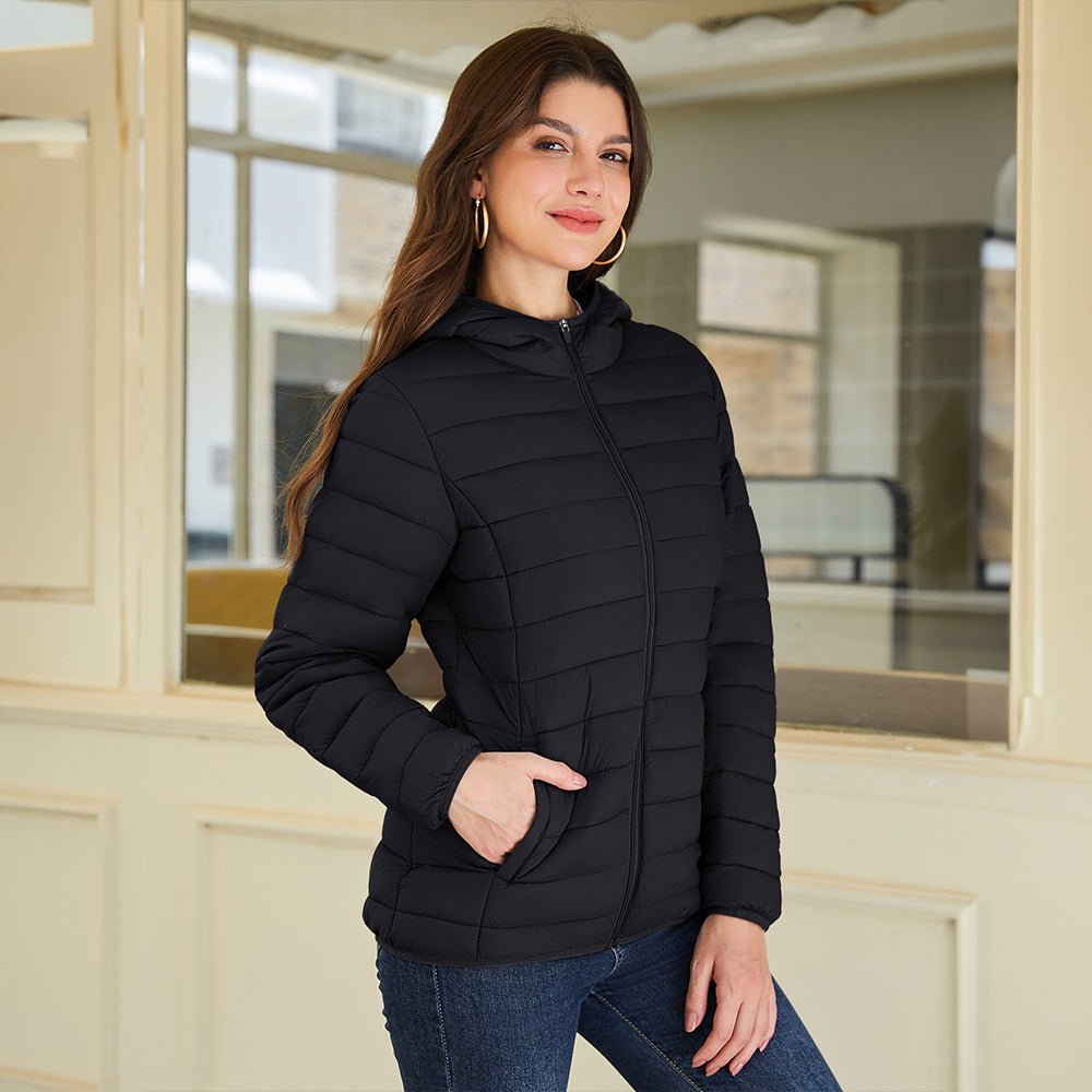 Black Women's Hooded Lightweight Puffer Jacket Full Zip Winter Coat - MAGCOMSEN